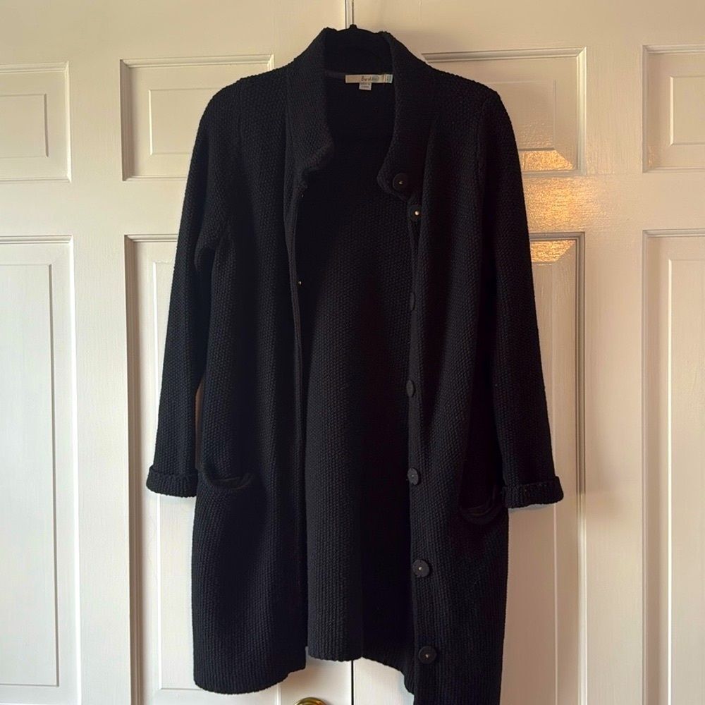 BODEN Black Button-Up Wool Long Mandarin Collar Textured Cardigan 8